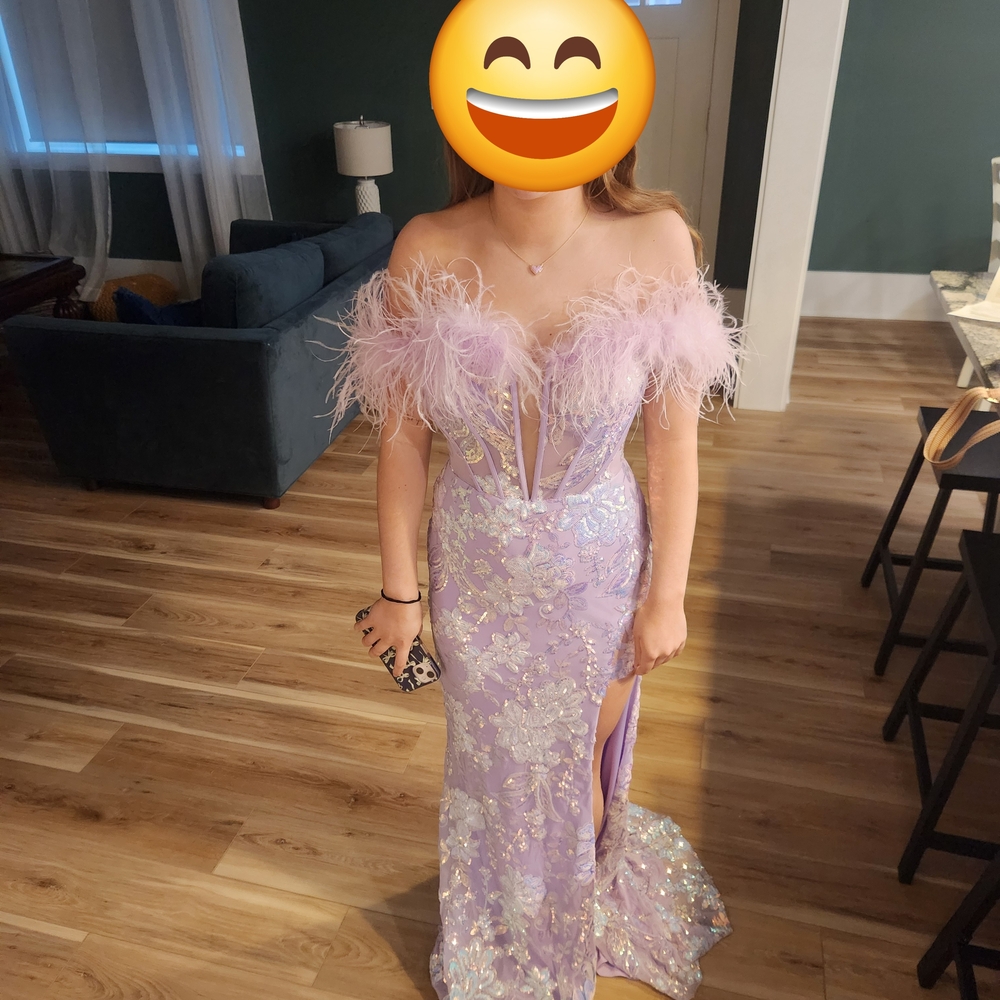 Lavender Off-Shoulder Gown with Feather Detail